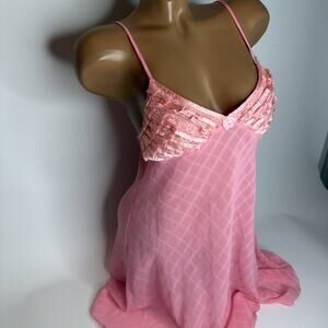 Vintage 80s Lingerie Slip Dress Womens S Pink Sheer Lace Satin Coquette Fairy
